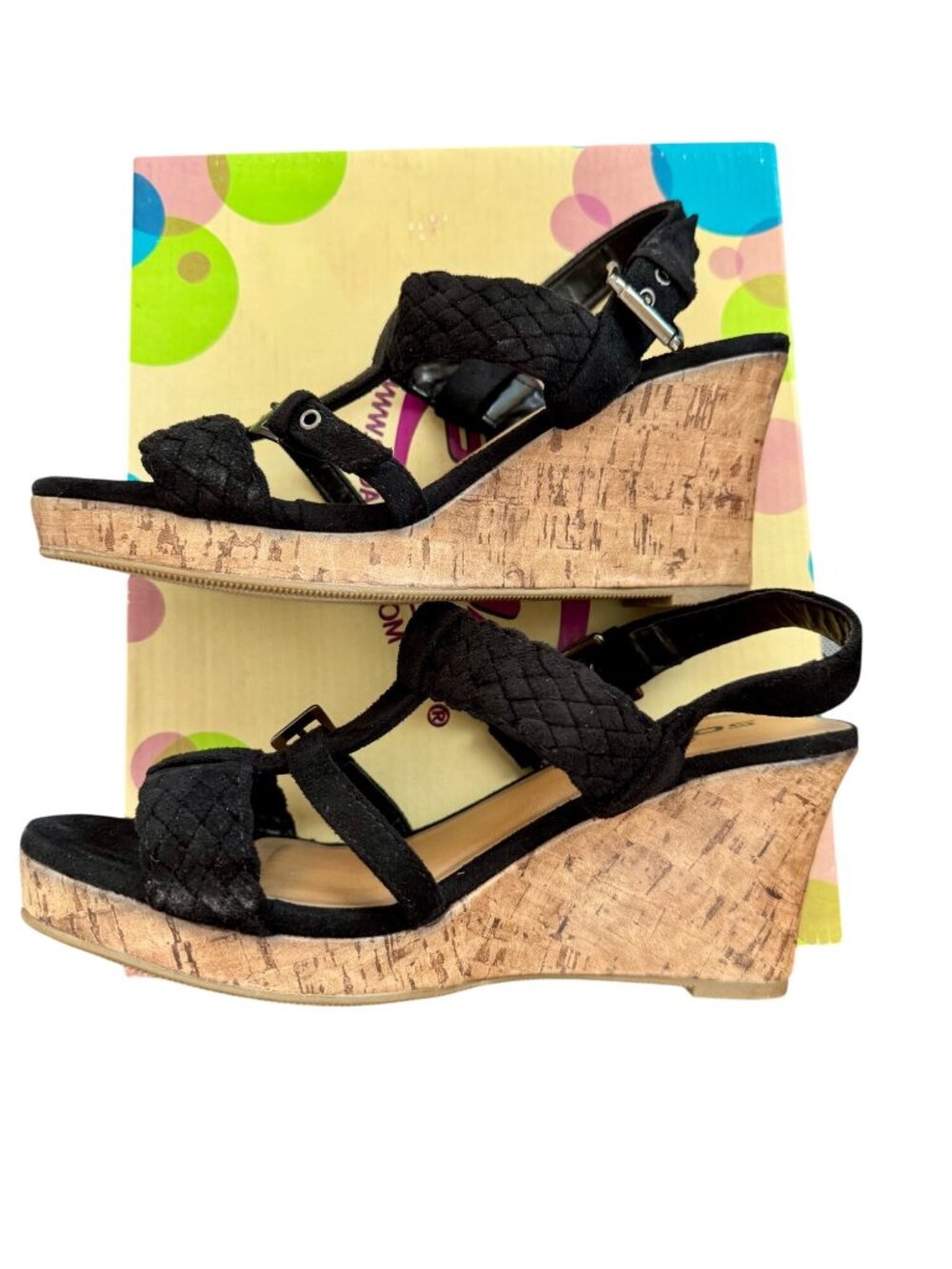Soda Black Suede Wedge Sandals Jenny Size 7 With Adjustable Straps and Cork Heel